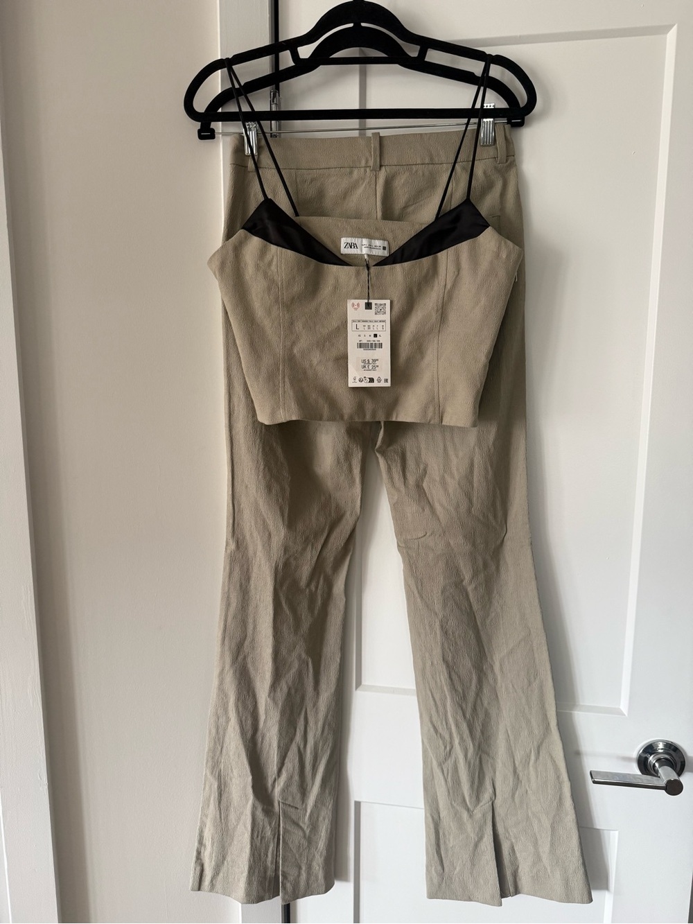 Zara Beige Two-Piece Crop Top and Trousers with Black Trim